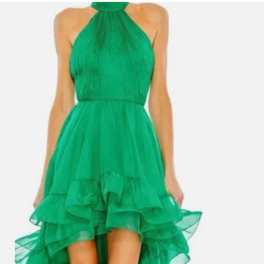 NWT Mac Duggal Ruffle Tiered High Low Pleated Halter Gown Green- size 0 298